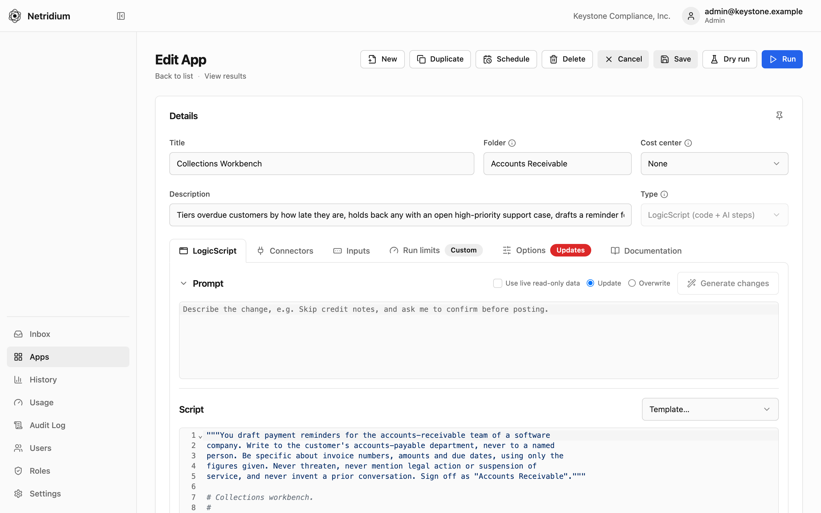 Editing a LogicScript App: its details, the script, and tabs for connectors, inputs and run limits