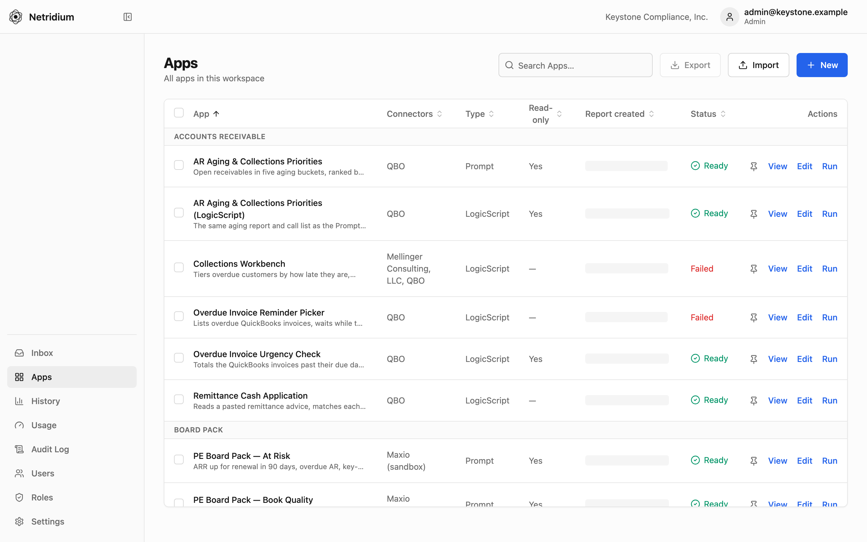 The Apps page: Apps grouped by folder, with the connectors each one uses, its type, whether it is read-only, and status