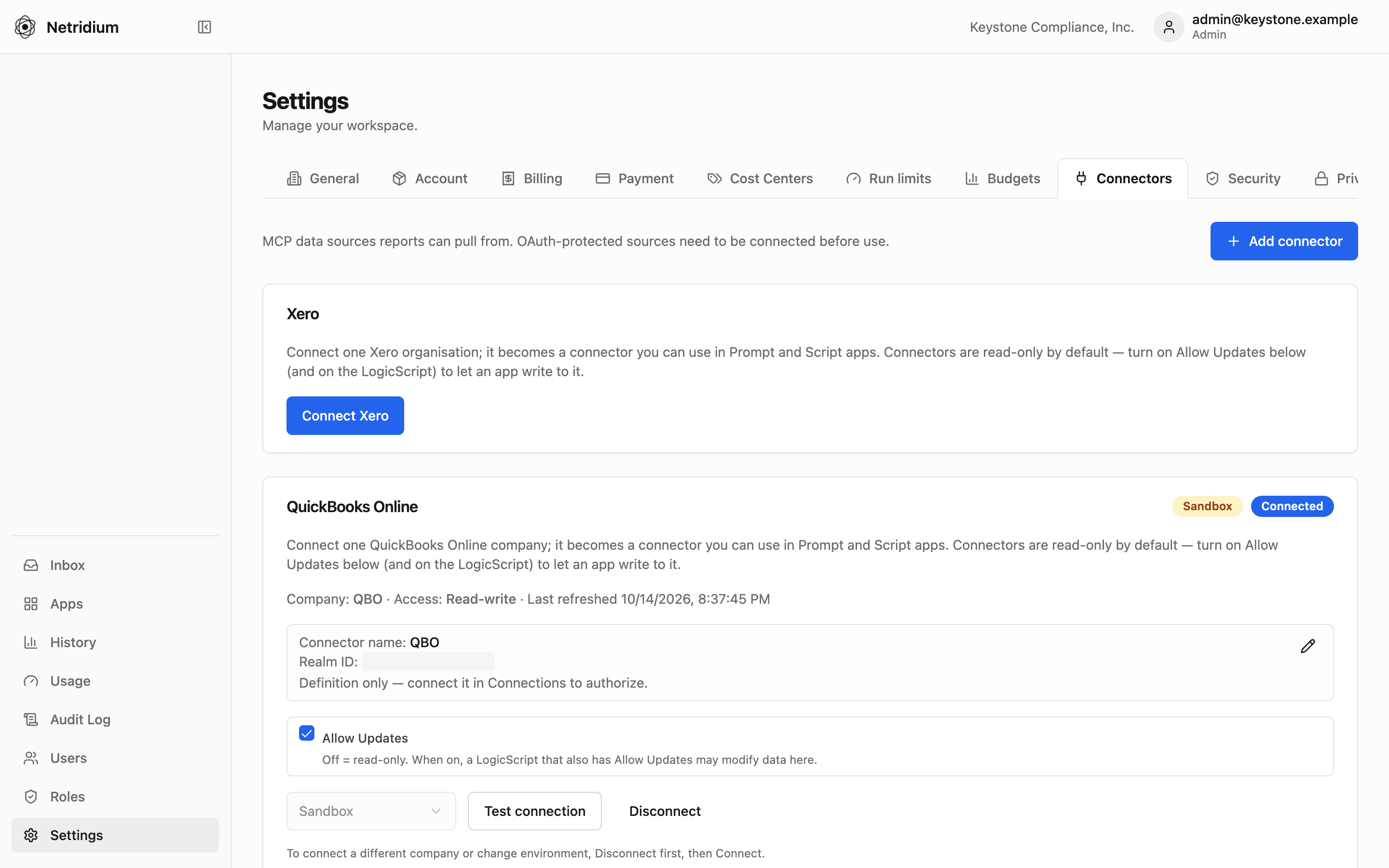 Connectors: QuickBooks Online (Sandbox) connected with Allow updates on, and Xero ready to connect