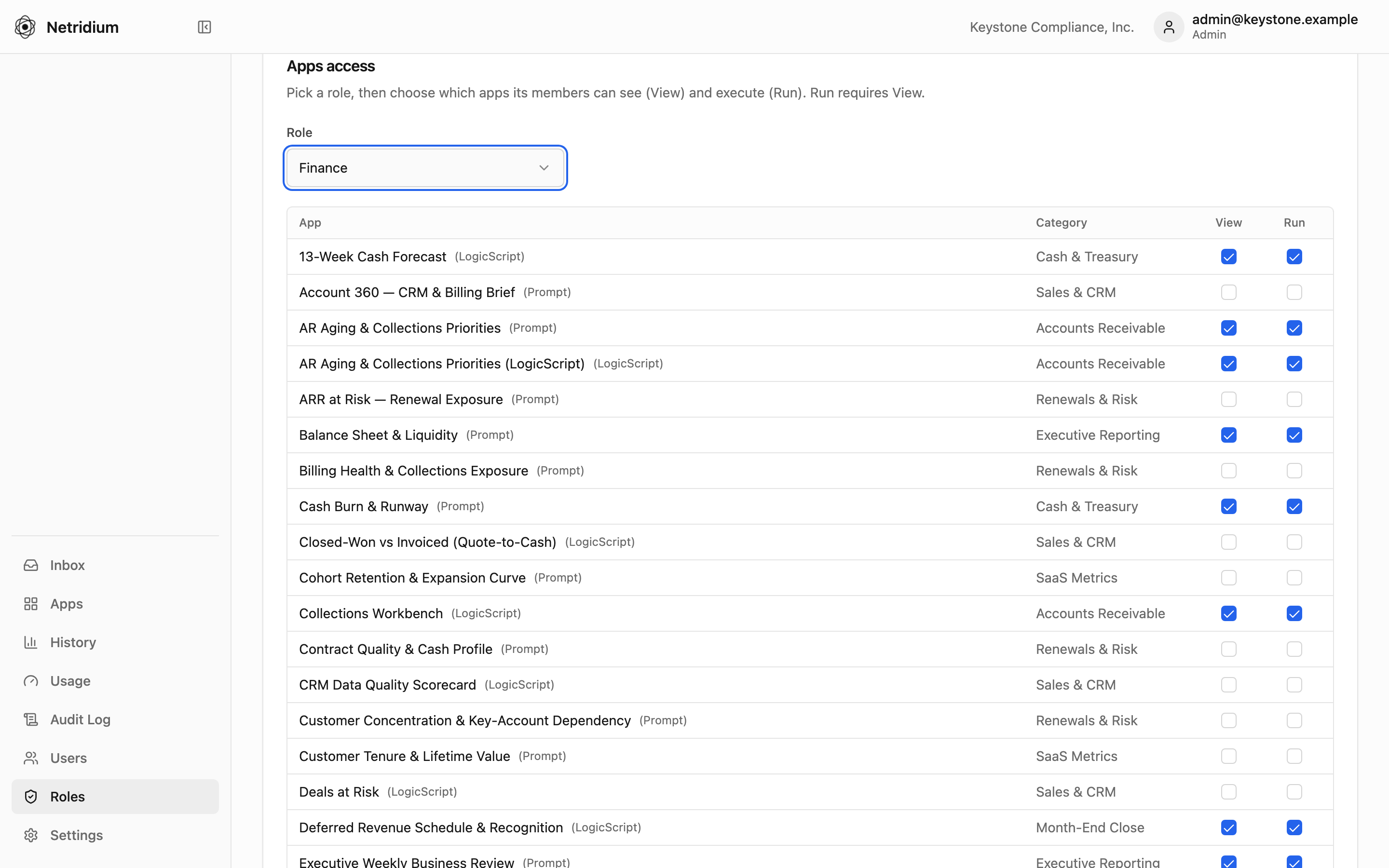 Roles: the Finance role can View and Run the Apps it is granted; other Apps stay hidden from it