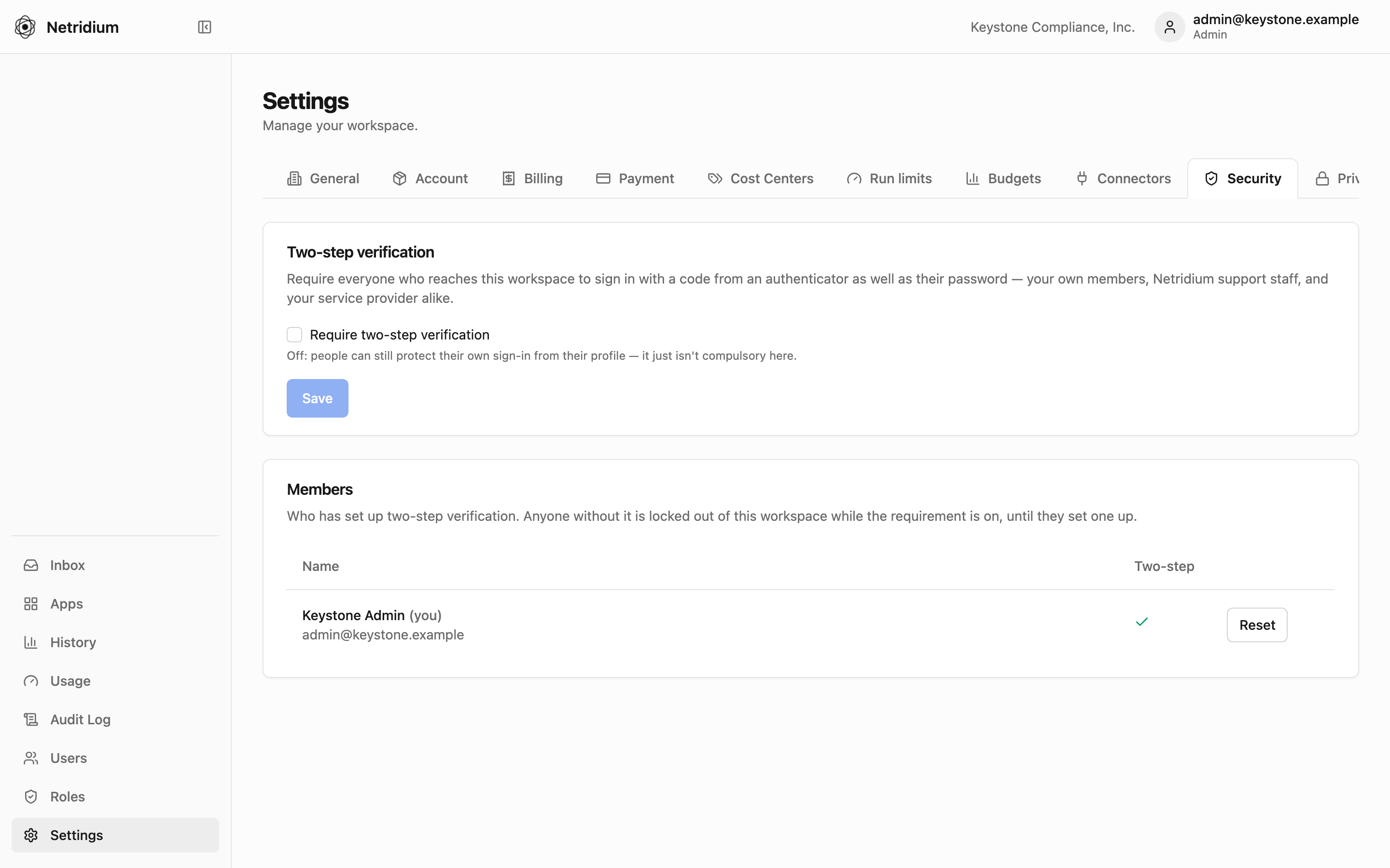 Security settings: require two-step verification for everyone who reaches the workspace, and see who has set it up